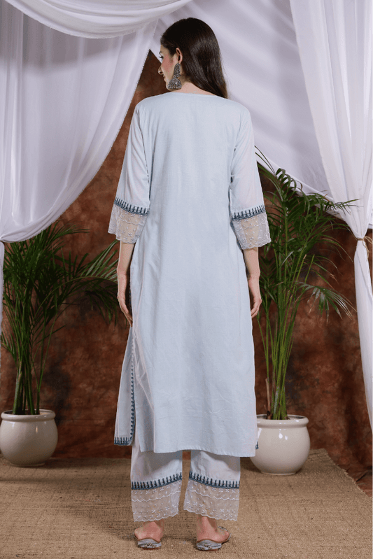 Sea blue embroidred cotton straight kurts suit with blue floral  embroidered duppatta