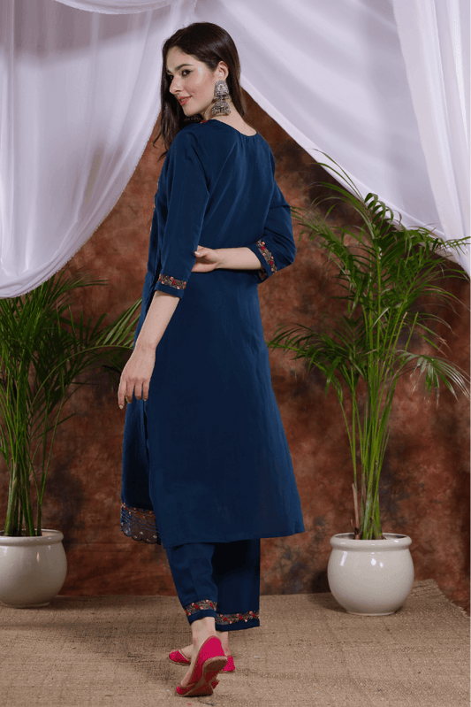 Turqoise Blue  Embroidered Kurti pants with fancy dupatta
