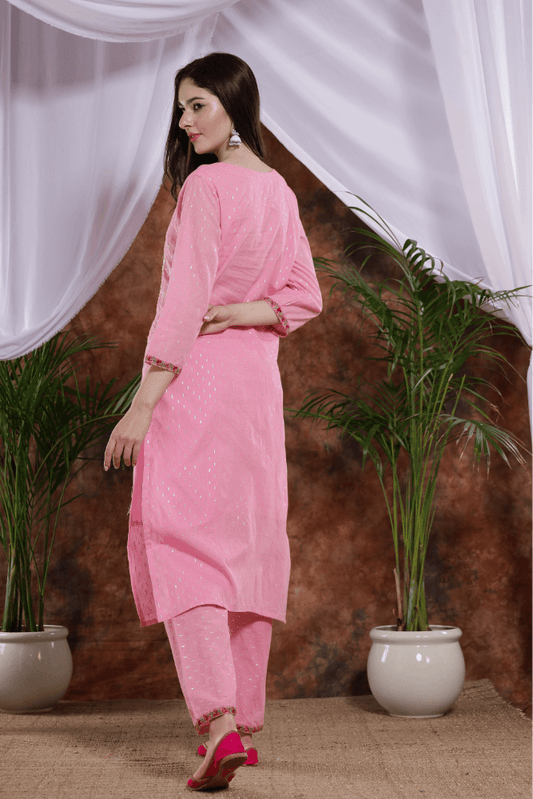 Pink Cotton Blend Straight Kurta Pants Suit with pink floral duppatta