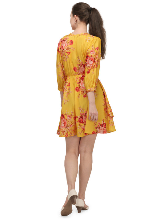 Mango yellow digital printed floral short tunic dress