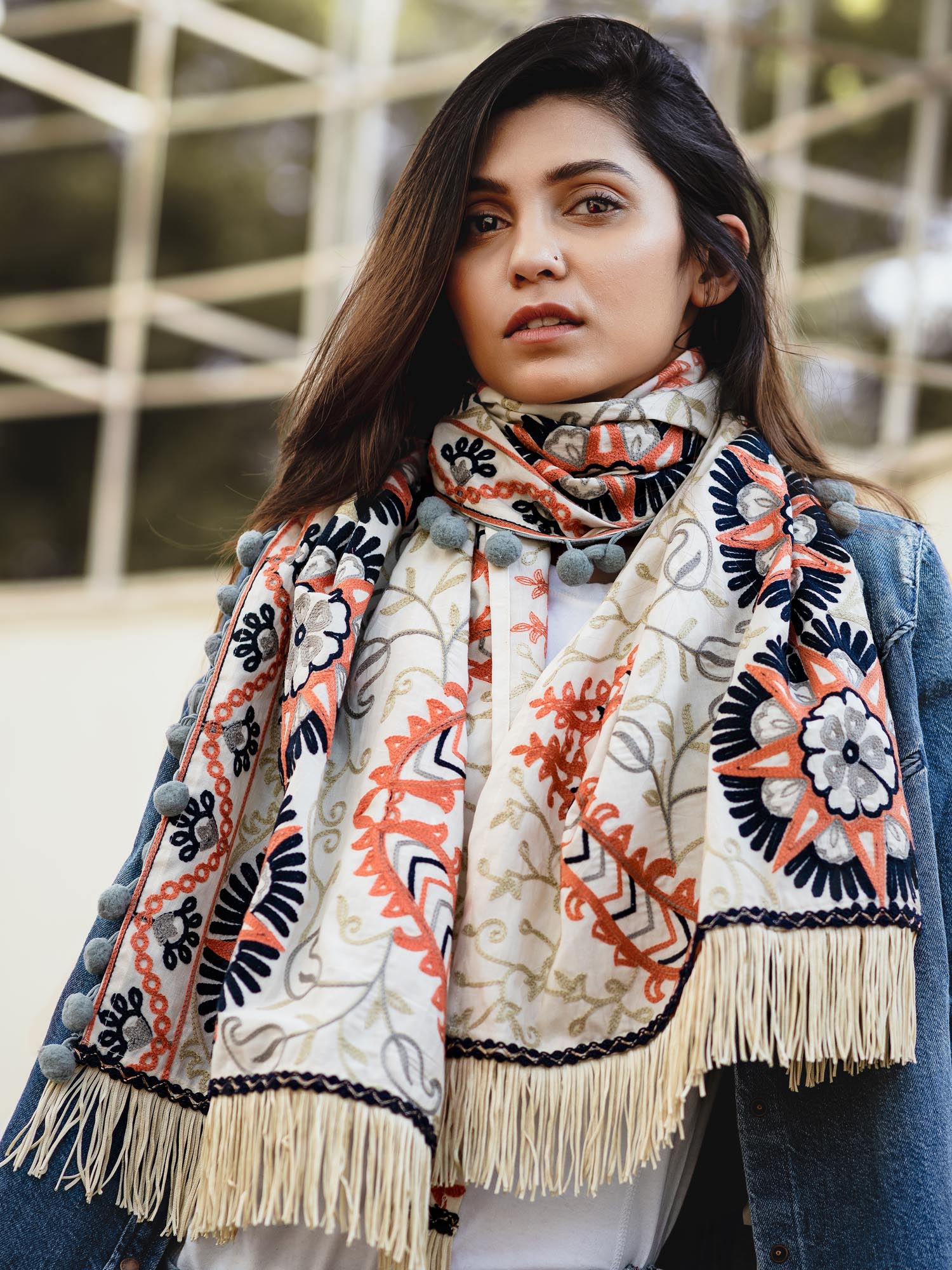 Cream African Motif Woollen Embroidered Muffler - Main Image