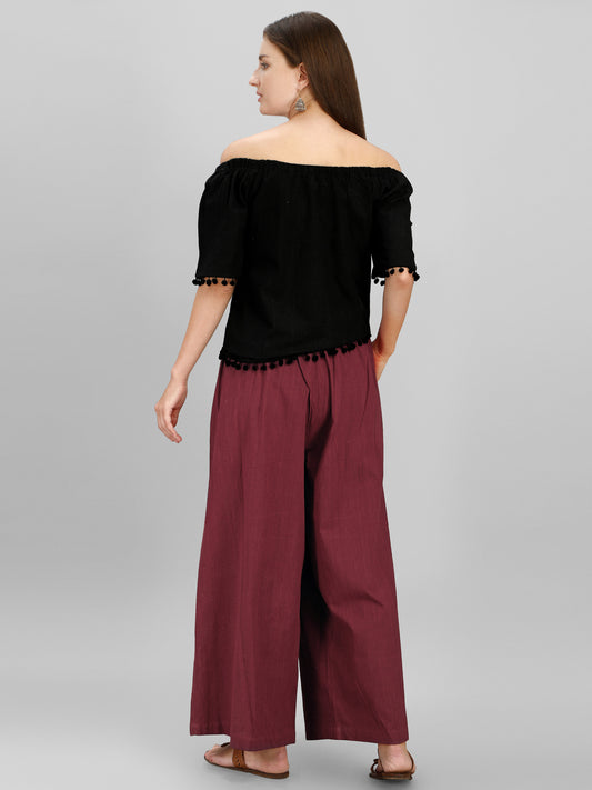 Wine Skirt Pants Co-ordinated Set With Black Top
