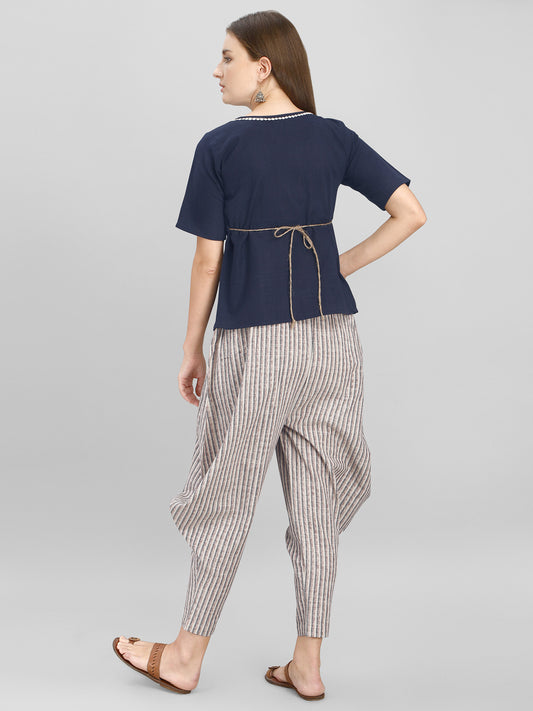 Cowl Tie-up Strip Pants With Blue Peplum Top