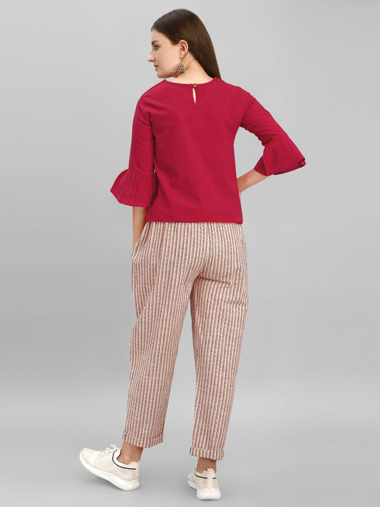 Waist tie up Casual Pants With Red Bell Sleeves Top