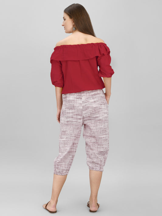 Off-shoulder Red Top and Calf Length Pant Set