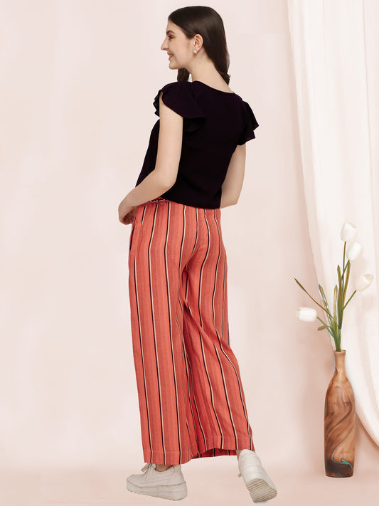 Ruffle Sleeves Black Top With Orange Strip Straight Pant, Daily Wear Co-ordinated Set.