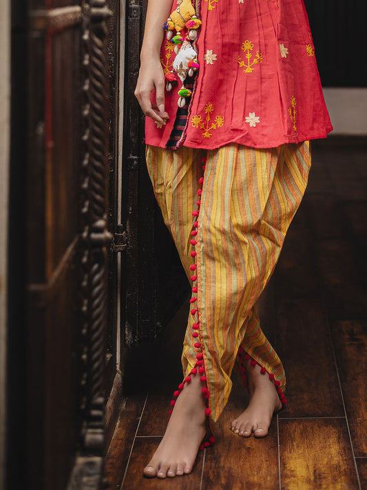 Beige and red maharani yoke embroidered kedia with yellow multi woven tulip pant