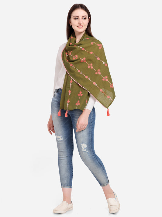 Tiny Floral Bunch Olive Green Embroidered Stole