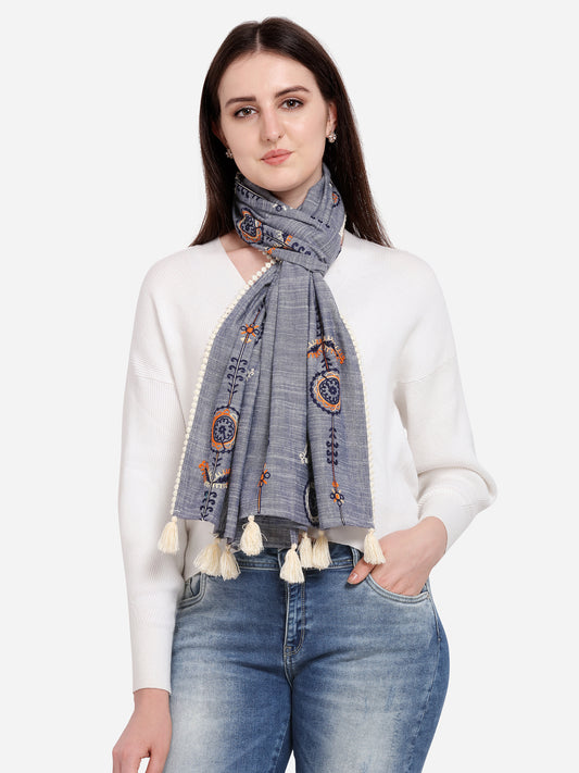 Charmed Cement Indigo Khadi Embrodiered Stole/Scarf
