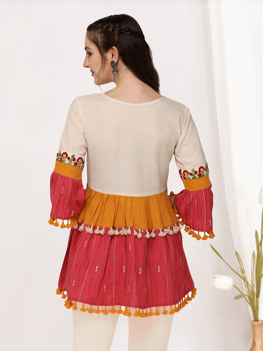 Cute off-white and pink embroidered long kedia top