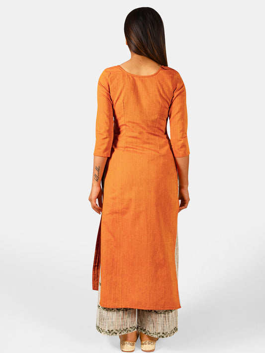 Orange long embroidered neck kurta with rust canvas palazzo pant