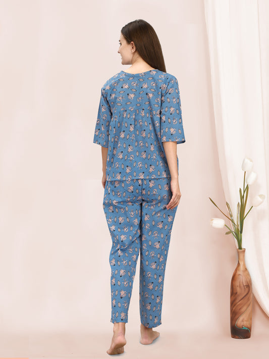 Blue Quirky Space Print Cotton Night Suit