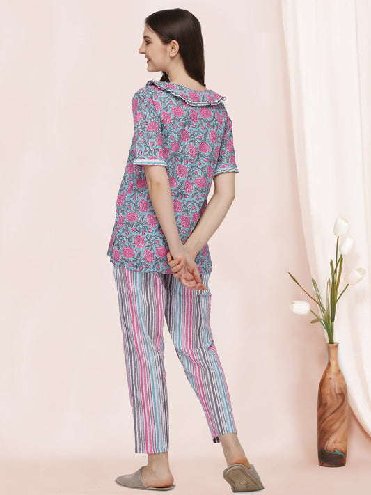 Sky And Pink Floral Hand Block Printed Cotton Pajama Suit Set