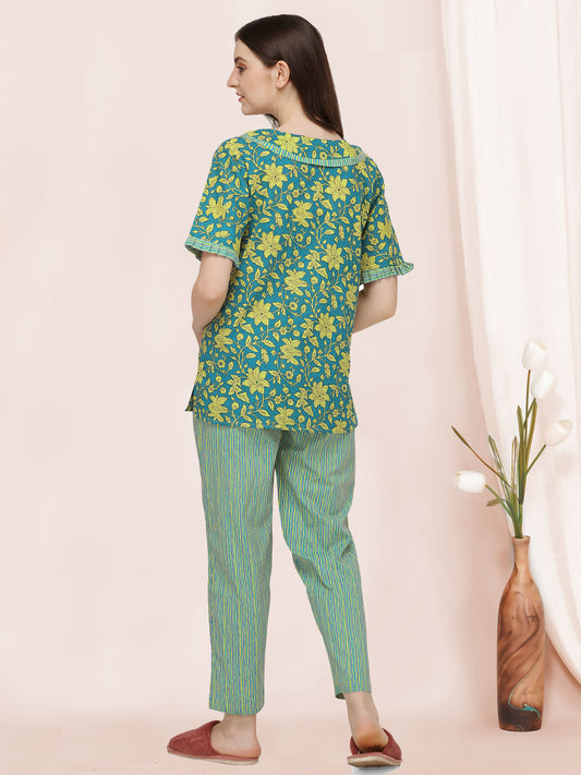 Green Floral Handblock Printed Cotton Pajama Suit Set