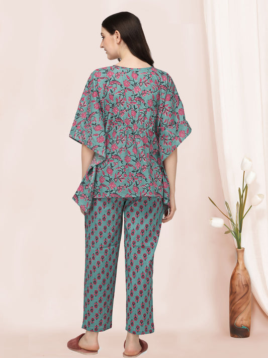 Dusty blue And Pink Floral Printed Kaftan Night Suit Set
