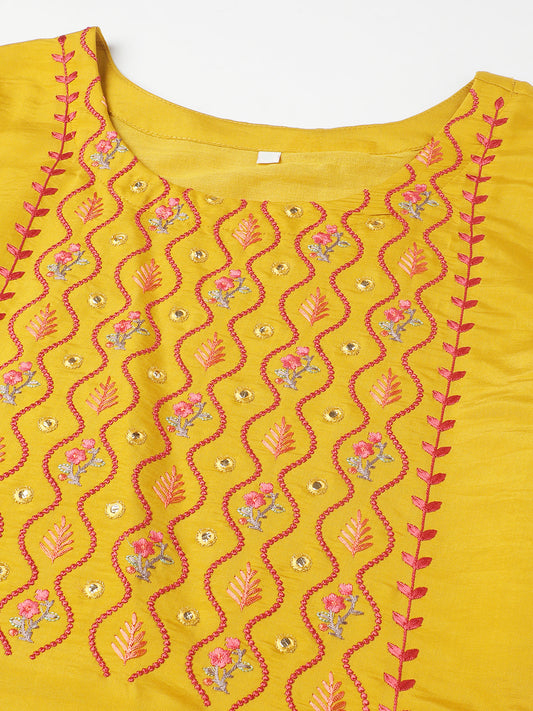 Yellow Yoke Embroidered Kurti With Bottom And fancy Dupatta