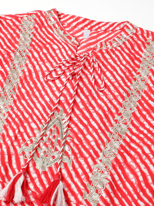 Women Red Lehariya Print Embroidery Kurta With Trousers And Dupatta Set