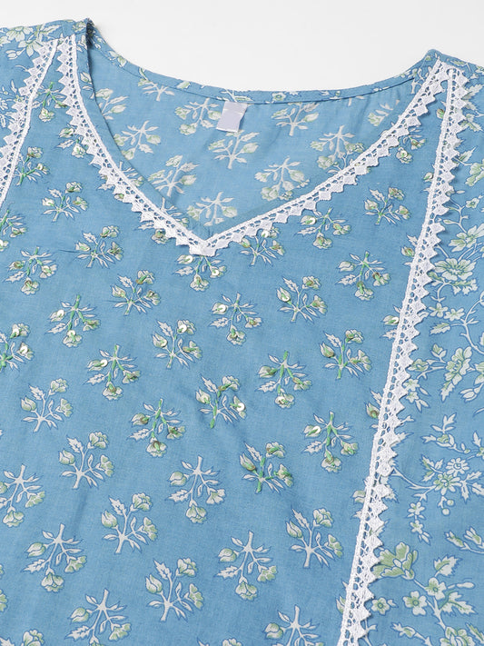 Blue Floral Printed white cotton Lace Embellished Kurta with pant and  dupatta