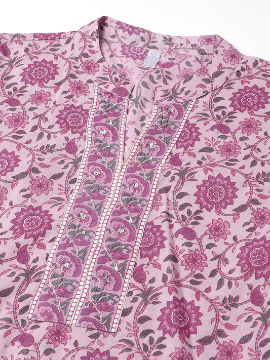 Pink Floral print pure cotton kurta with trousers &dupatta set