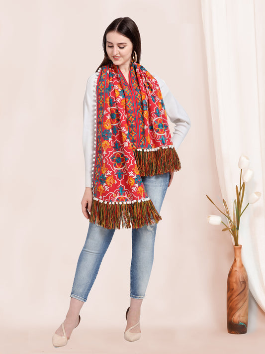 Red Woolen Heavily Embroidered Khadi Muffler