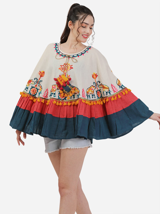 Off White Elephant Embroidered Circular Winter Poncho