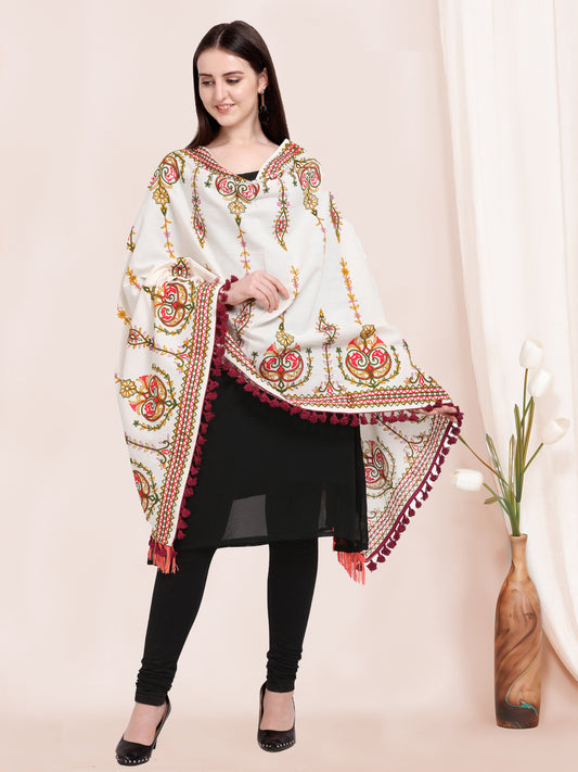 Off-White Heavily Aari Embroidered Khadi Shawl/Dupatta With Wine Cotton Tassel