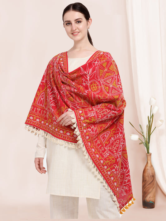 Red Tribal Motif Aari Embroidered Khadi Shawl/Dupatta With Lemon Cotton Lace