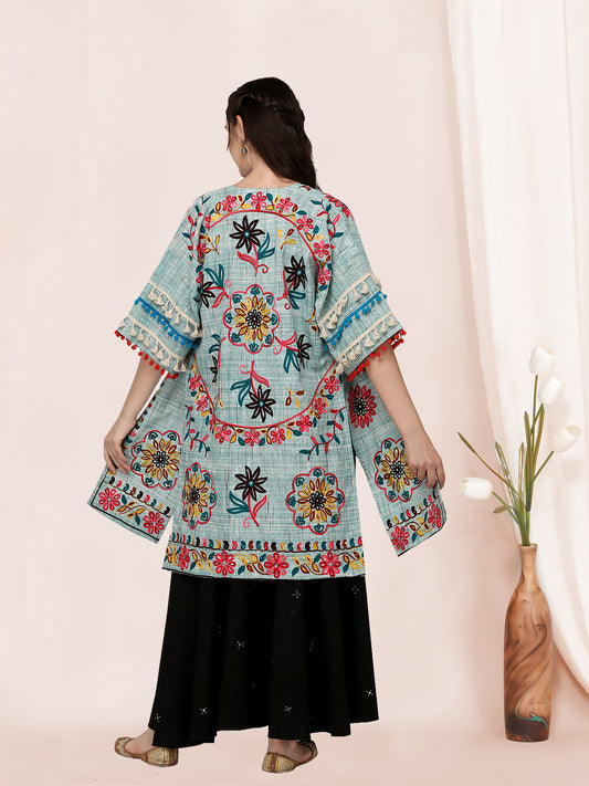 Sky blue organic cotton long fancy embroidered jacket