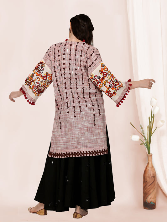 Purple organic cotton long fancy embroidered ethnic jacket.