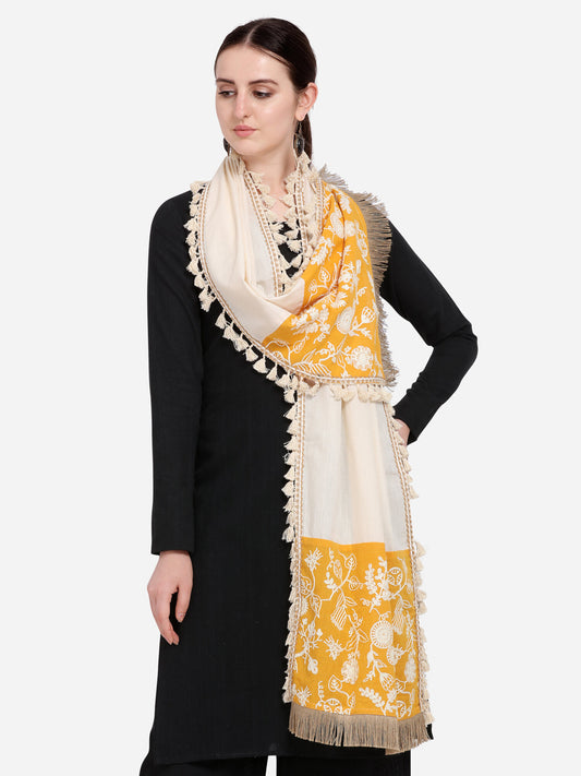 Pure Khadi Yellow Makhi panel Embroidered stole or Dupatta
