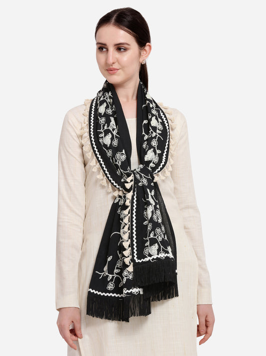 Pure Khadi Black Color Floral Embroidered stole or  Dupatta