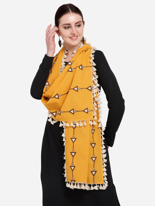 Pure Khadi Mustured stole or Dupatta with Off White Tassel Lace