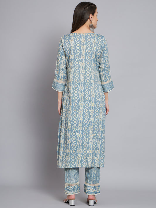 Women blue printed kurta with trouser