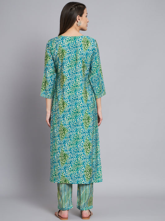 Blue & green printed handwork kurta with trouser