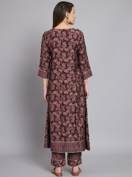 Wine printed front pleated kurta with trouser