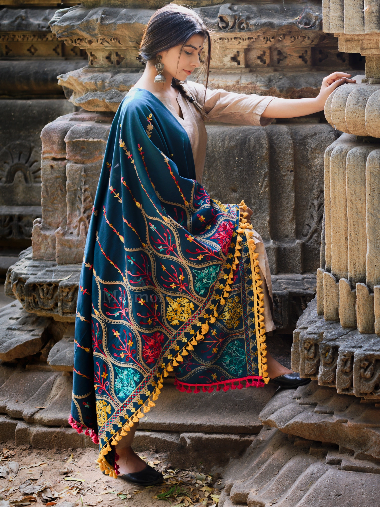 Turqoise Blue Multi colour Asri heavily Embroidered Khadi Shawl/Dupatta With Yellow Tassel Lace