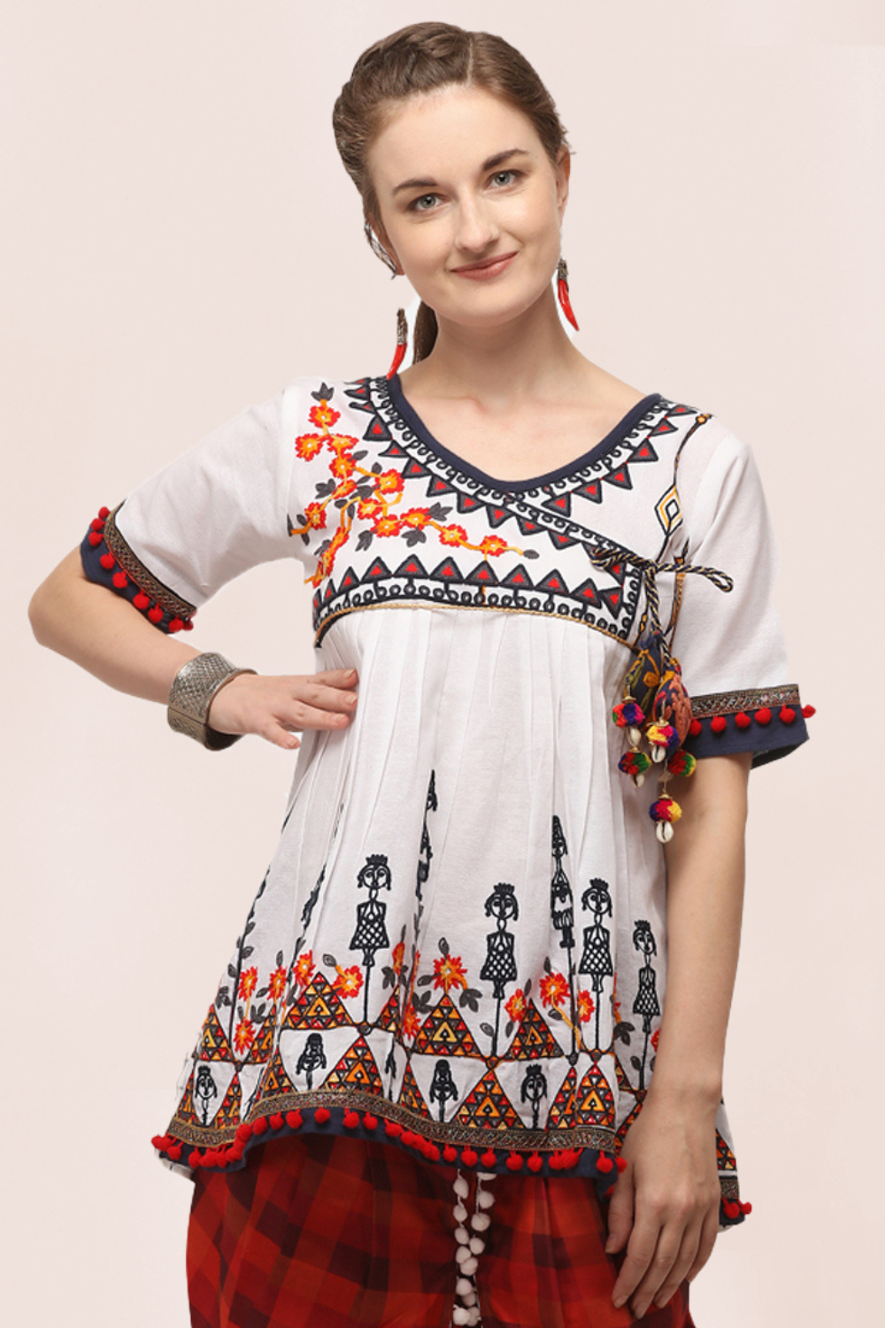 Pure white angarkha yoke dhingli embroidered kedia top only