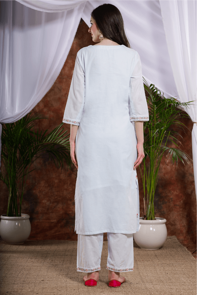 Sea blue Embroidered Kurti pants with cotton Dupatta set