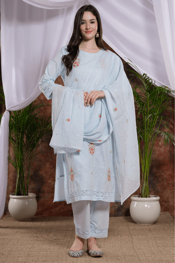 Sea blue cotton straight kurta  pant with floral duppatta