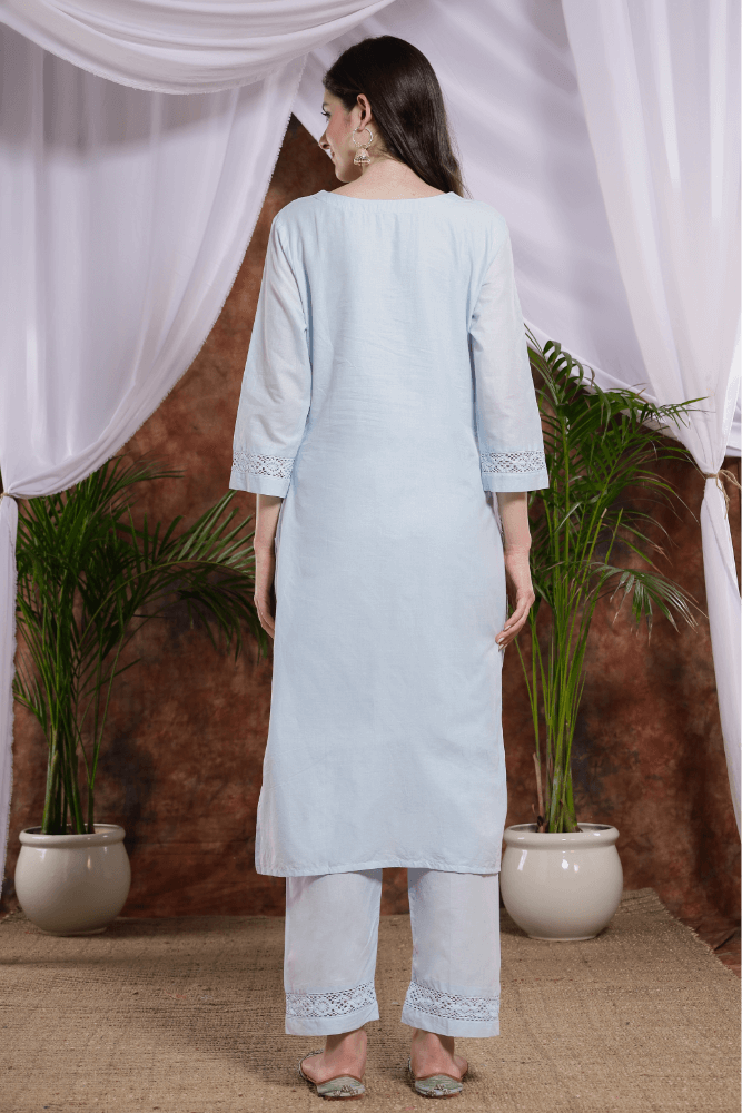 Sea blue cotton straight kurta  pant with floral duppatta