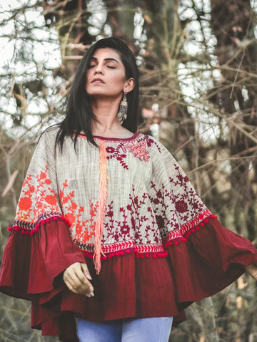 Wine Frill Floral Circular Khadi Poncho