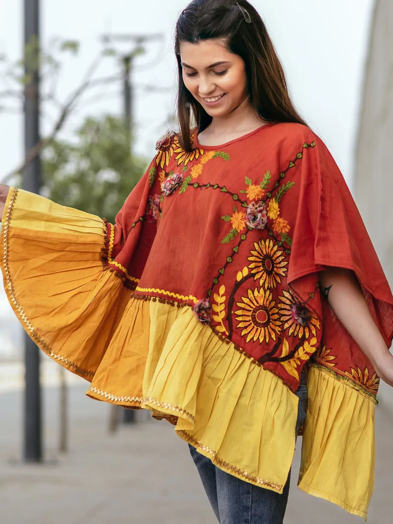 Deep red and yellow Traditional Khadi Poncho