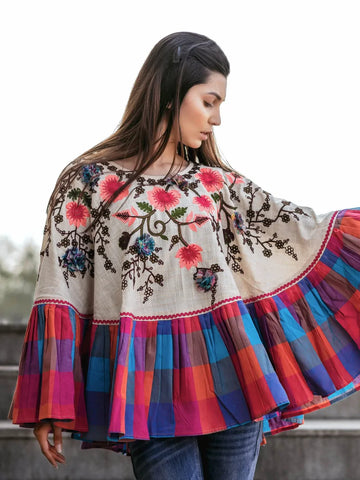 Neon Flower Embroidered Frill Round Poncho