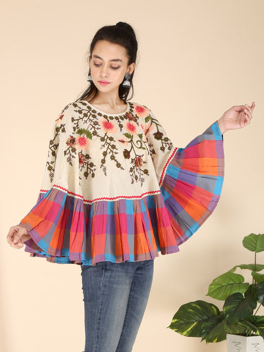 Neon Flower Embroidered Frill Round Poncho