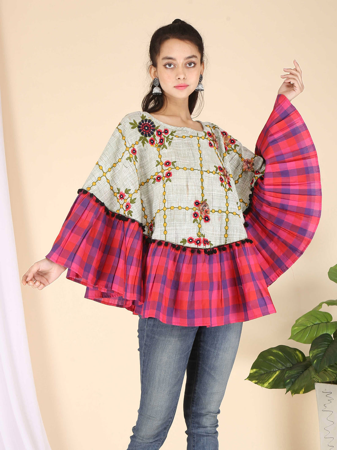 Chex Frill Embroidered Circular Poncho