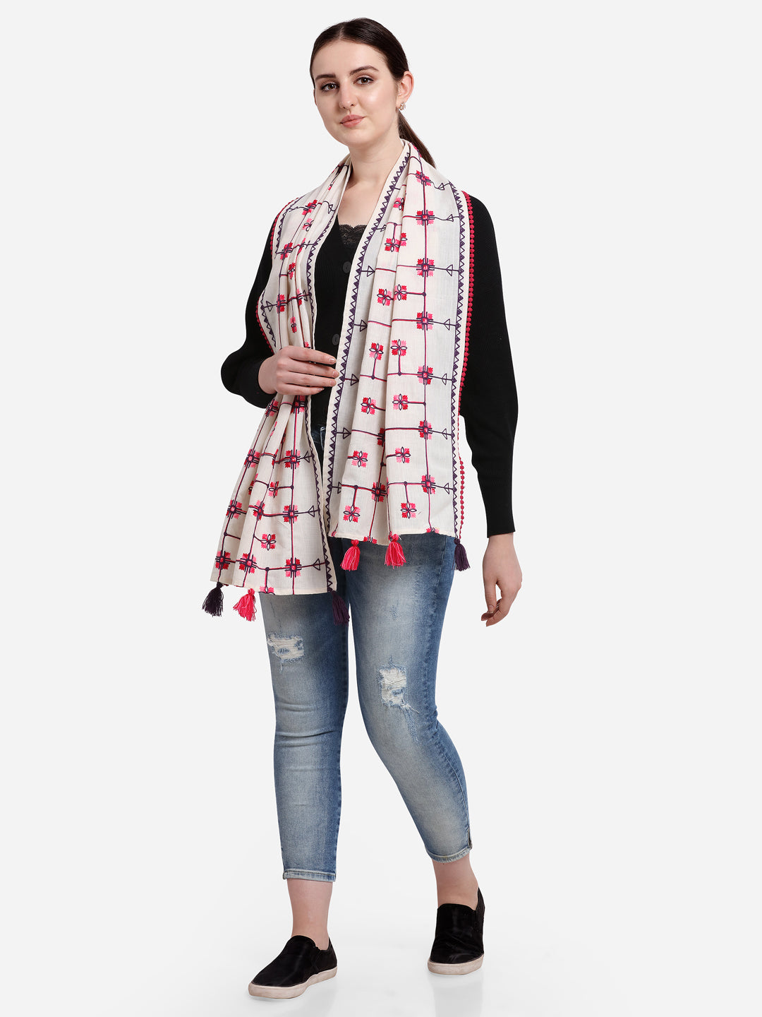 Twinkling Pink Floral off-White Khadi Embroiderd Stole