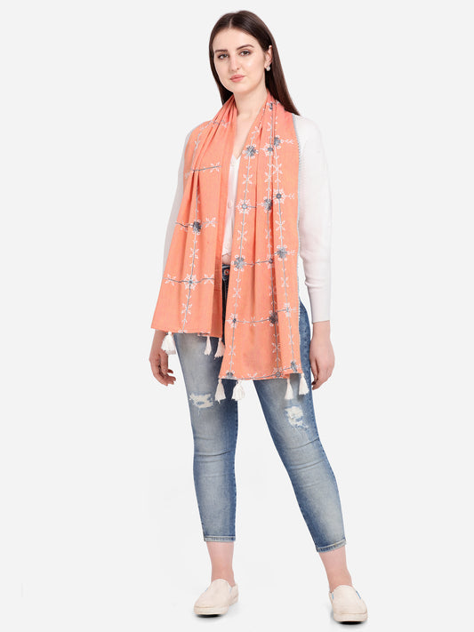 Peach Snowflake Embroidered rich khadi scarf/stole