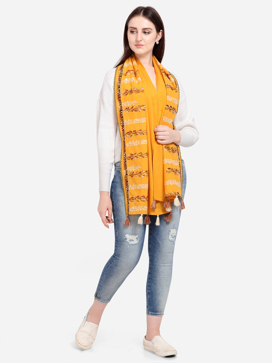 Earthy Grassroot Khadi Yellow Embroidered Stole/scarf
