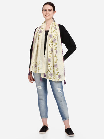 Lemon Spring Floral Khadi Embroidered Stole / Scarf