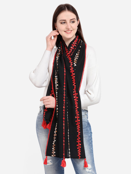 Red Little Hearts Khadi Black Embroidered Stole/Scarf